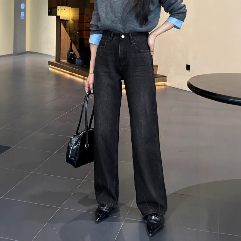 Zhongshan Denim Big Black Narrow Wide-Leg Jeans for Women 2026 Spring High-Waisted Slimming Stretch Straight Long Pants