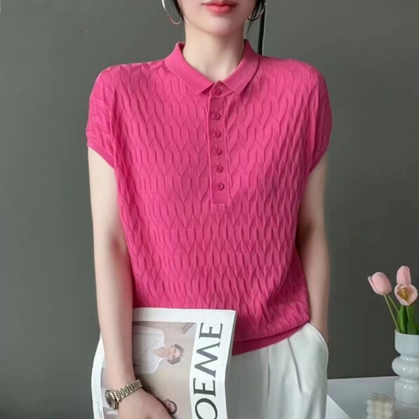 Mulberry Silk Short-sleeved Polo Shirt Women's 2025 Summer Thin Small Lassel Knitted Shirt Ice Silk T-shirt Women's Multi-button Top