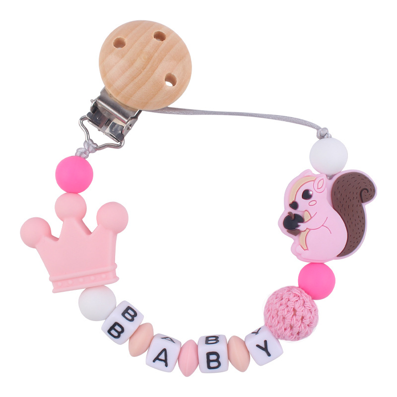 Nuevo bebé de dibujos animados animal ardilla pequeña mordedor creativo bebé DIY mordedura molar Cadena de pezón cadena anti-caída
