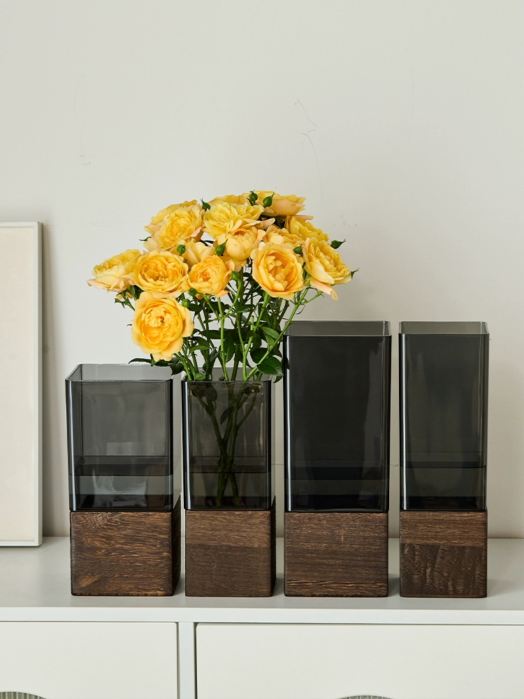 ✅ Деревянный поднос в китайском стиле, акриловая прямая ваза, украшение для гостиной, цветочная композиция, легкая роскошная стеклянная вода