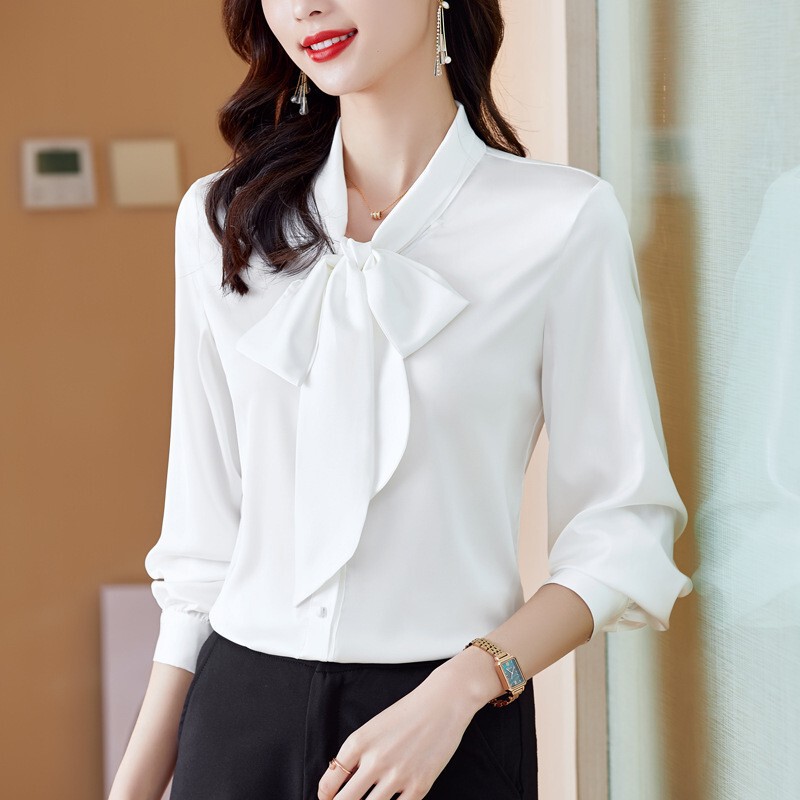 Hangzhou Heavy Silk Shirt Women's 2025 New Fashion Bow Top Women's Slim Elegant Professional Shirt