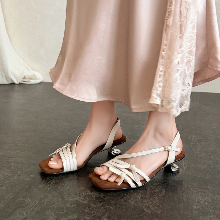 French-Style Square-Toe Bow High-Heeled Sandals for Women, 2026 Summer New Niche Design Woven Beach Sandals