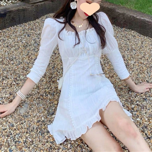 White summer dress for petite women: sweet, elegant layered look with a square neckline, fitted waist, and high-waisted design featuring ruffled edges.