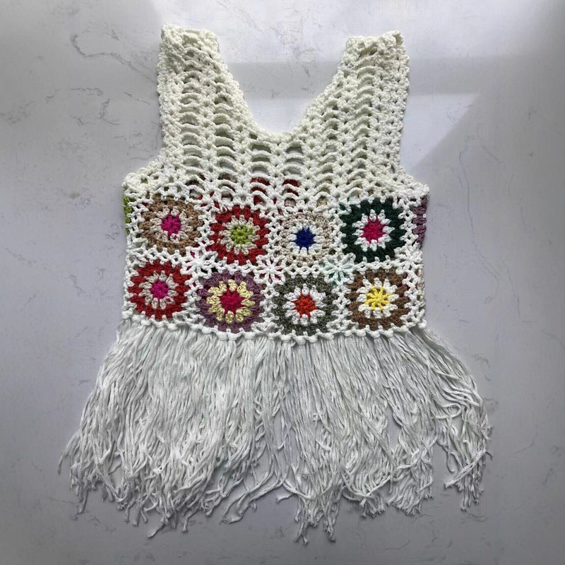 【Handmade Crochet Flowers】Hand-Crocheted Floral Patchwork Long Tassel Beach Cover-Up, Hollow-Out Fashion Loose Plus-Size Vacation Wear