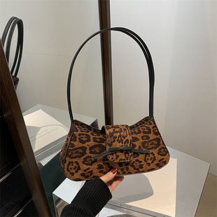 Korean Style Bow Fashion PU Leather Fashion Leopard Print Bag New Retro Fashionable High-end Personality Shoulder Small Square Bag