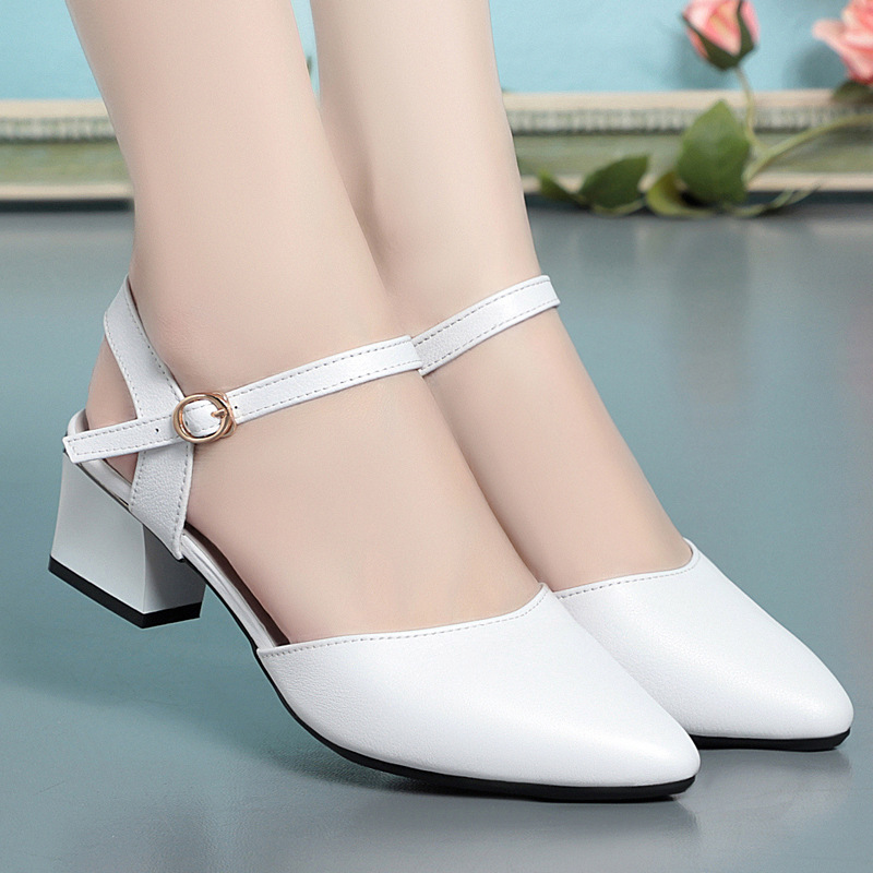 Sandal cao gót nữ mũi nhọn bít mũi da thật gót thô — Màu trắng