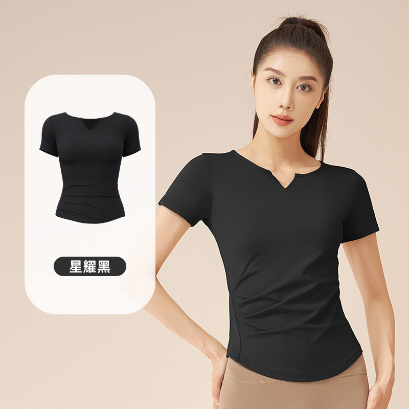 Juyitang Vネックヨガ半袖ヌード速乾フィットネスプリーツスポーツトップスランニング女性用|undefined