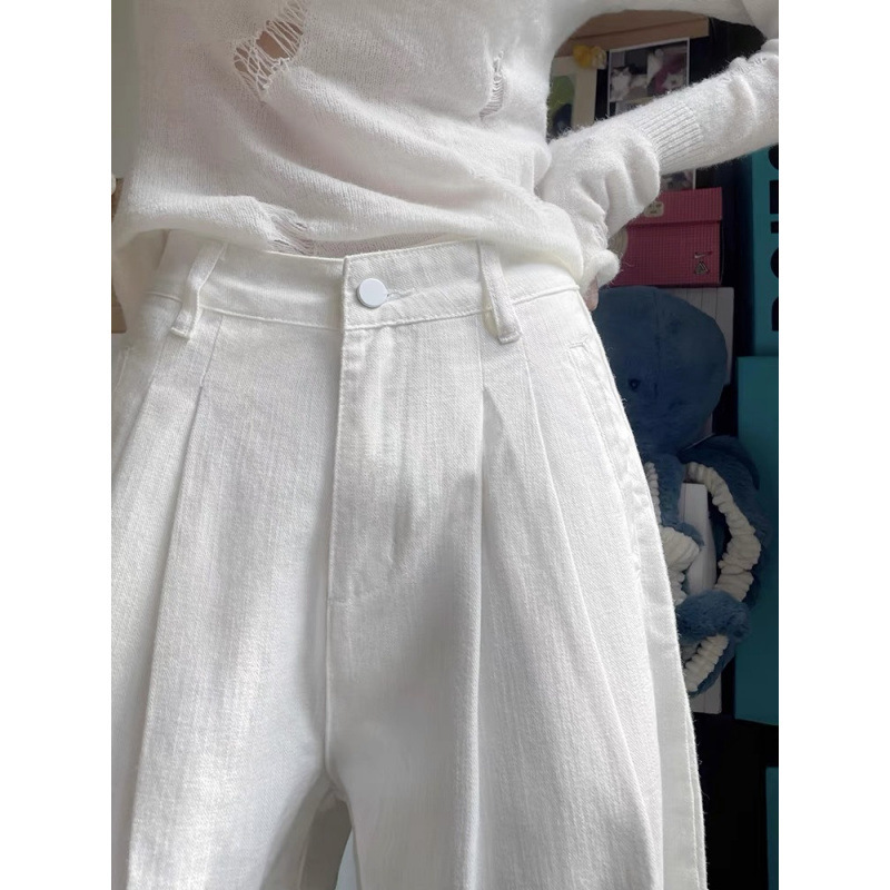 2025 Hong Kong Style White High Waist Pleated Wide Leg Jeans Women's Summer 2025 New Loose Drape Straight Pants