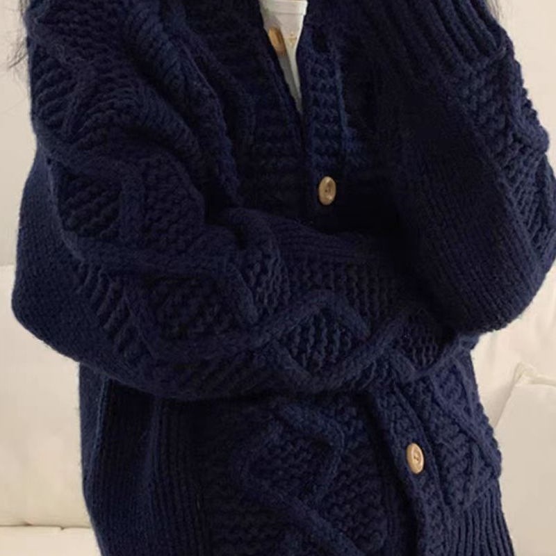 春秋针织开衫女士加厚粗针毛衣宽松外穿百搭慵懒洋气女装翻领外套