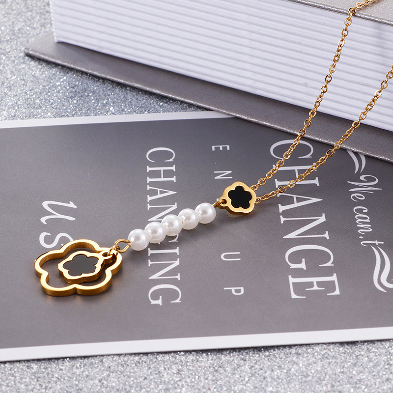 Fashion Flower Titanium Steel Inlay Artificial Pearls Earrings Necklace 1 Set