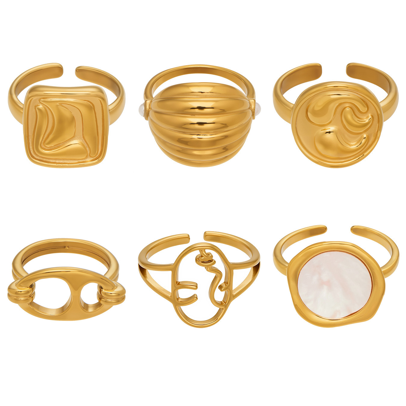 Geheimnisvolles, geometrisches und unregelmäßiges offenes Ring-Set im Retro-Nischendesign, personalisierter Damenring aus Edelstahl_voghion.com