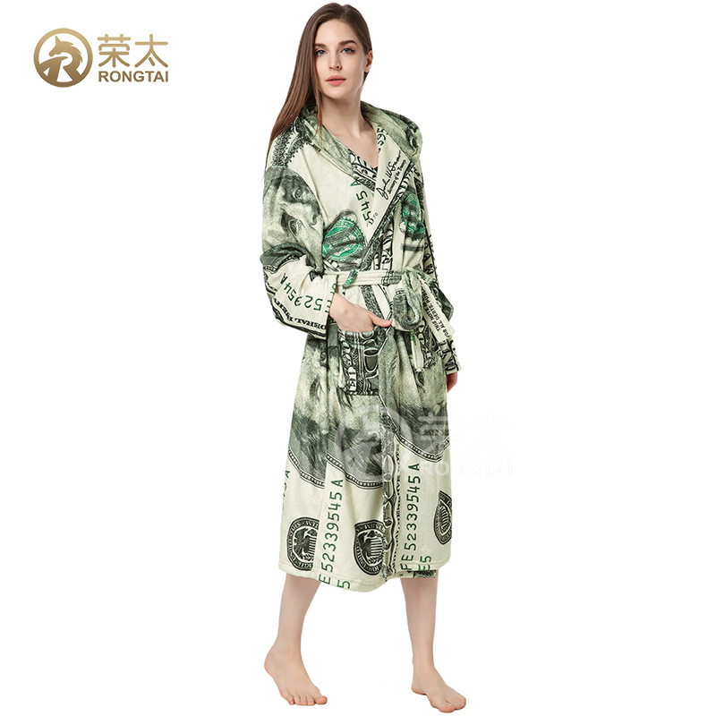 Cross-Border European and American New Style Dollar Bill Print Hooded Couple's Bathrobe, Flannel Bathrobe, Personalized Long Pajamas Cross-Border European and American New Style Dollar Bill Print Hooded Couple's Bathrobe, Flannel Bathrobe, Personalized Long Pajamas