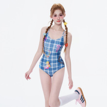 一件代发日系甜美可爱泳衣女连体格子2025新款温泉度假学生游泳衣