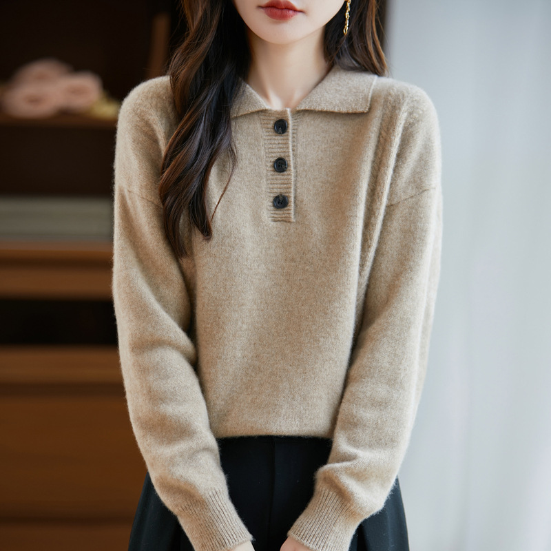 100%纯羊毛2025秋冬新女宽松POLO翻领纯色短款打底上衣针织衫毛衣|undefined