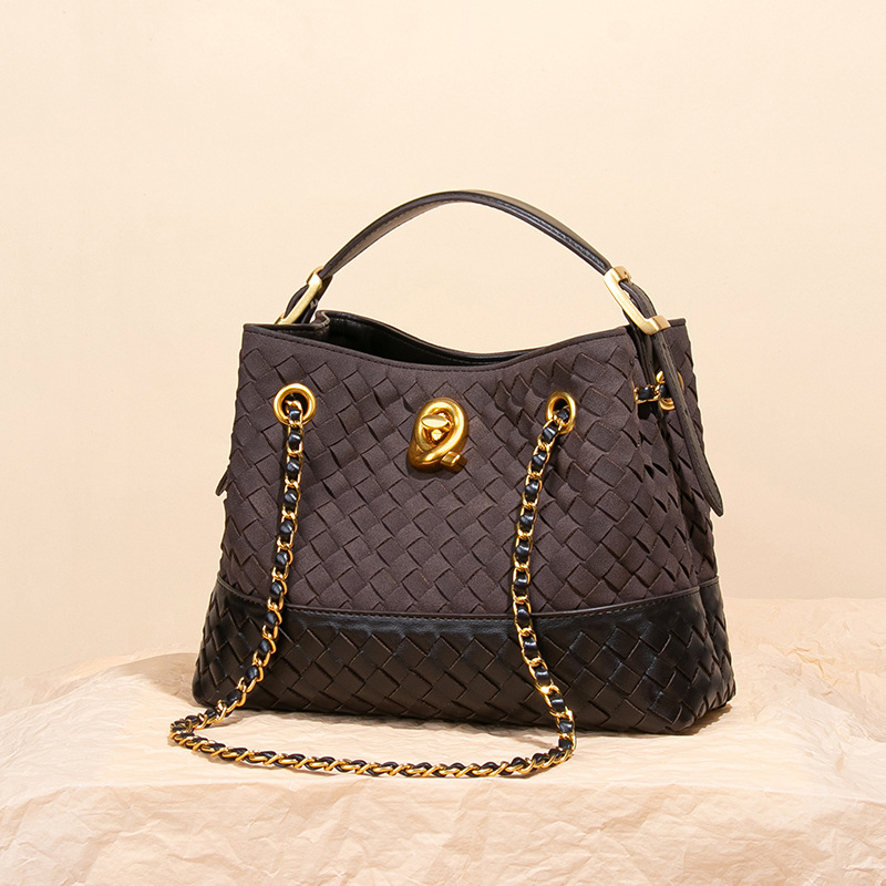 Retro Luxury Woven Bag Contrast Suede Tote Bag For Women 2025 New Bucket Bag Crossbody Chain Bag - Thumbnail 2