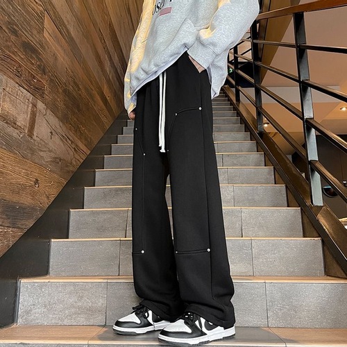 American Street High-Waist Wide-Leg Harajuku Pants for Men and Women Spring and Autumn Straight Leg Casual Work Pants with Trendy Button Design