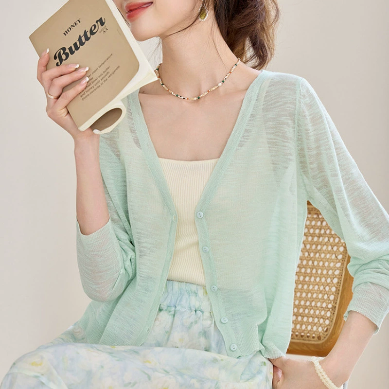 Кардиган из ледяного шелка и бамбука, короткий, с защитой от солнца, свободный, летний, тонкий, с длинными рукавами, новый топ-шаль, куртка