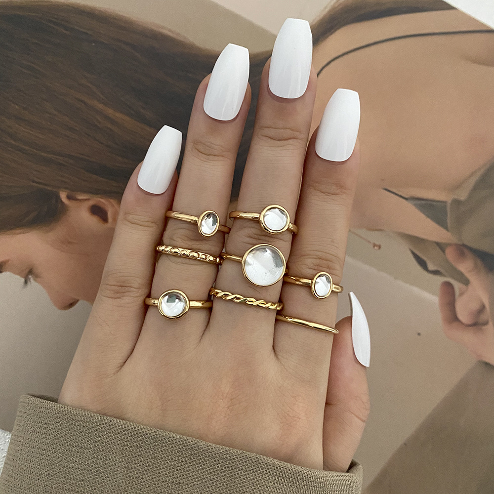 simple retro round gem ring fashion temperament goddess jewelry color contrast Ring Ring 8-piece set_voghion.com