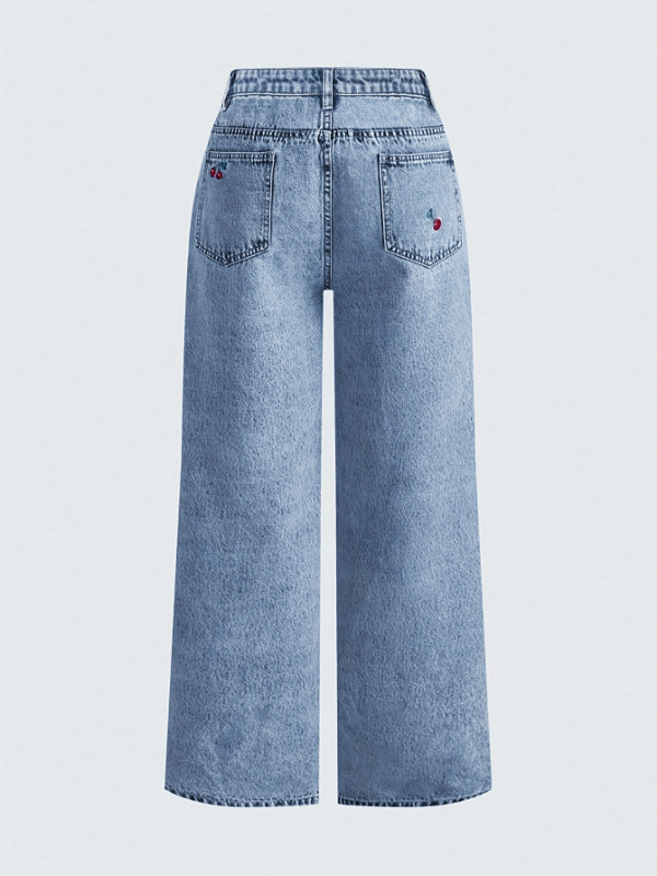 Vintage Washed Slimming Stretch Jeans For Women Smoky Gray Distressed Red Cherry Blossom Embroidered American Style_ecoleips.com