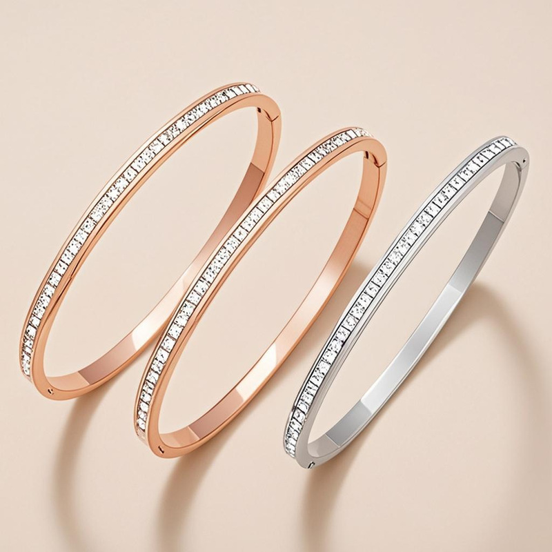 Narrow Rose Gold Bracelet Women's Ins Niche Design Titanium Steel Color-free Single Row Square Diamond Buckle Women's Diamond-encrusted Bracelet
