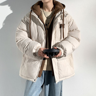 New Winter Corduroy Cotton-padded Clothes Men's Hong Kong-style Loose Solid Color Hooded Cotton-padded Jacket Fake Two-piece Fashionable Cotton-padded Jacket