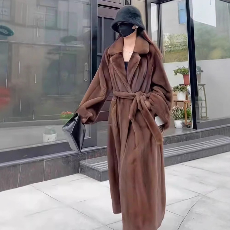 2024 Winter Mink Fur Coat Women's Long Loose-Fitting Blazer with Puff Sleeves Eco-Friendly Faux Fur