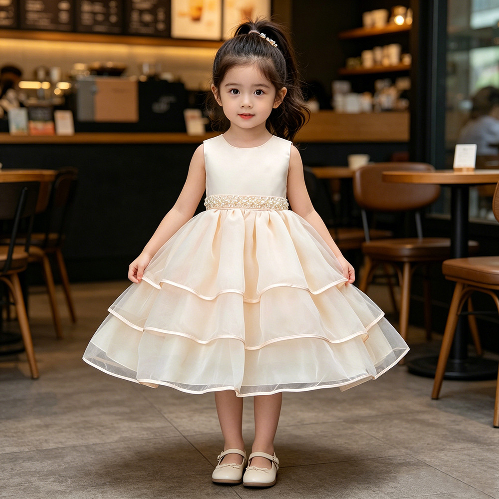 Foreign Trade Summer European and American Girls Princess Dress Children's Hand-stitched Beaded Belt Dress Mesh Flower Girl Wedding Dress