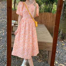 【有内里】夏季新款钉珠领橘色碎花甜美连衣裙淑女泡泡袖短袖裙子