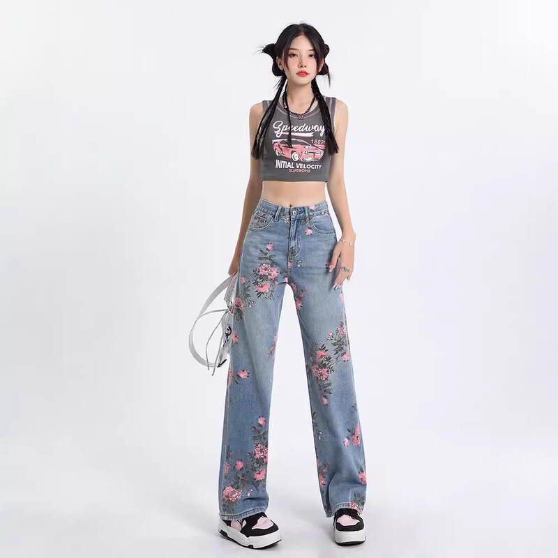 Stylish Printed Denim Jeans for Women, Straight Wide-Leg, Summer Thin High-Waisted Slimming Rose Flower Pants
