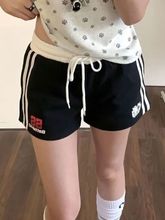 美式复古条纹拼接运动短裤女2025新款撞色高腰宽松休闲直筒阔腿裤