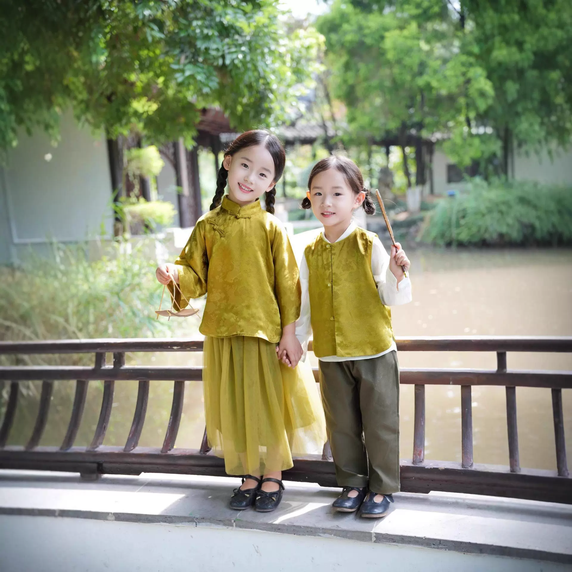 儿童唐装套装秋装新中式国风汉服套装男童长袖衬衫女童马甲春秋
