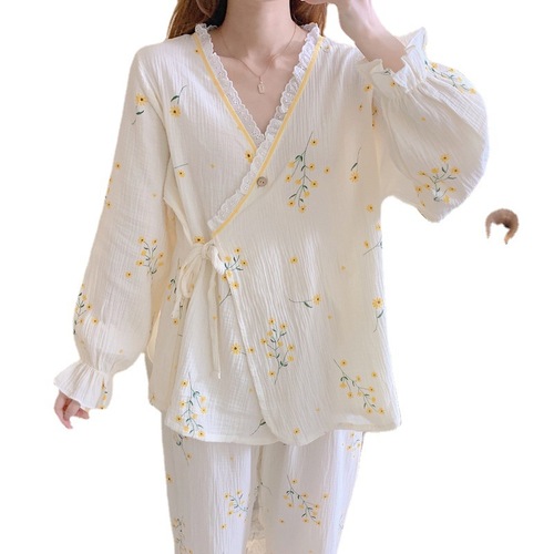 Pure cotton gauze confinement clothes, spring and autumn thin kimono, nursing pajamas, summer pregnant women's postpartum nursing home clothes.