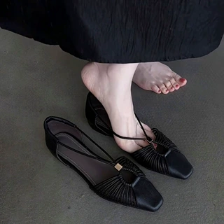 软皮版~ 马蹄跟单鞋女尖头镂空褶皱鞋欧若风穿搭轻奢浅口软底凉鞋