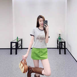 南油高品质chl寇家26ss早春螺纹撞色字母徽标纯棉时装短袖T恤女