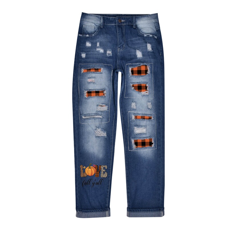 European and American cross-border independent station Amazon new Halloween ripped printed casual WISH loose washed jeans European and American cross-border independent station Amazon new Halloween ripped printed casual WISH loose washed jeans