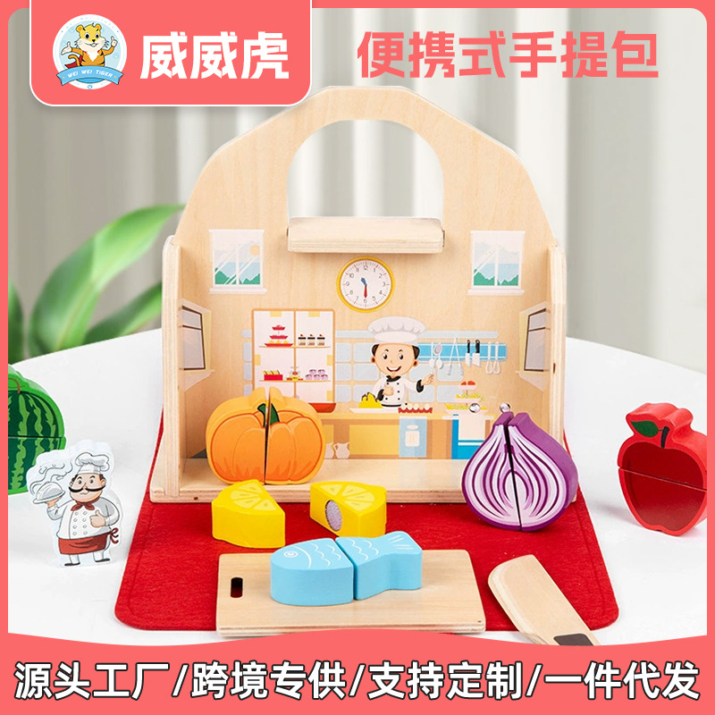Cocina de simulación transfronteriza para niños, casa de juegos, bolso portátil, fruta cognitiva, juguete de madera image 1