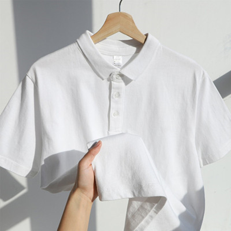 250g White Cotton Polo Shirt Men's Summer Loose Casual Solid Color T-shirt Short Sleeve Heavy Lapel T-shirt