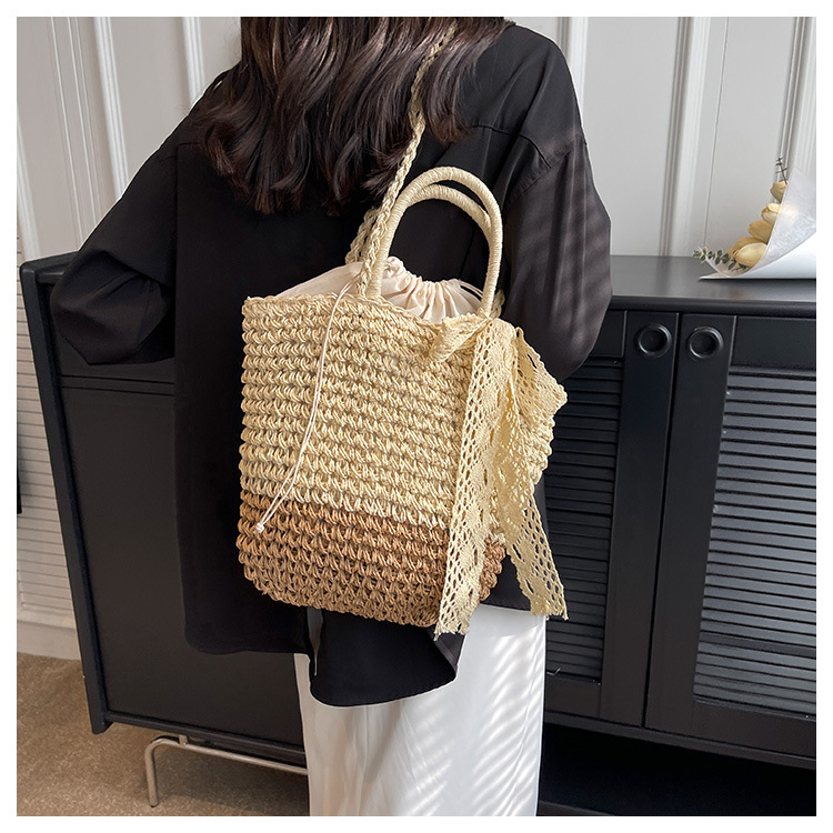 Women's Straw Shoulder Bag With Silk Scarf For Holiday Beach_voghion.com