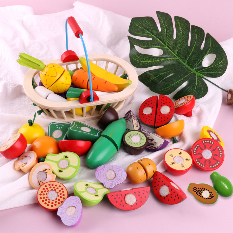 Cross-border Children's Wooden Simulation Fruit and Vegetable Cutting Fruit Basket suit Play Home Kitchen Early Education Cognitive Toy