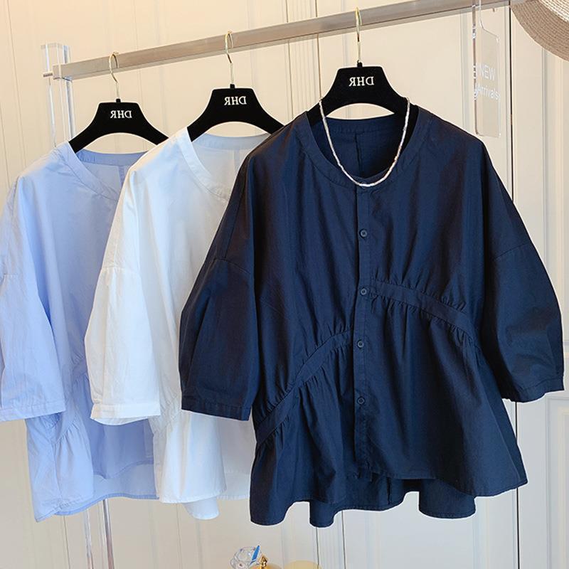 1688 Summer Korean Petite Loose Asymmetrical Pleated Patchwork Babydoll Shirt Women's Trendy Design Short Sleeve