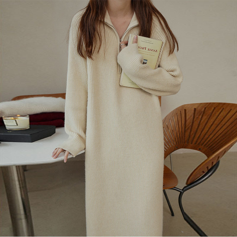 2025秋冬跨境新款韩版过膝中长款宽松打底毛衣裙针织加厚连衣裙女