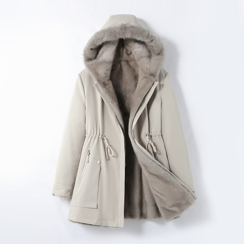 New Double-Sided Parka Women's Mink Liner Removable Nick Coat Hooded Genuine Fur One-Piece Mink Coat