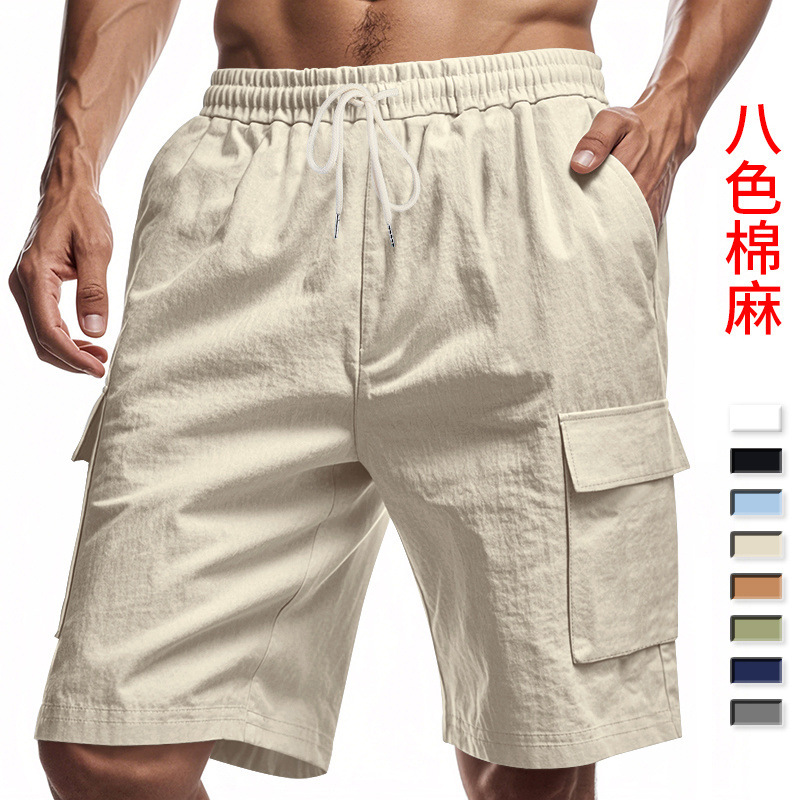 Cross-Border American Multi-Pocket Cargo Pants Men's Outdoor Sports Casual Loose Solid Color Linen Cargo Shorts