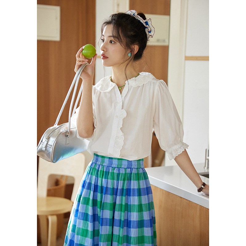 2025 New Summer Style French Literary Ruffled Cotton and Linen Clear White Lace Embroidered Doll Collar Short-Sleeved Shirt for Women