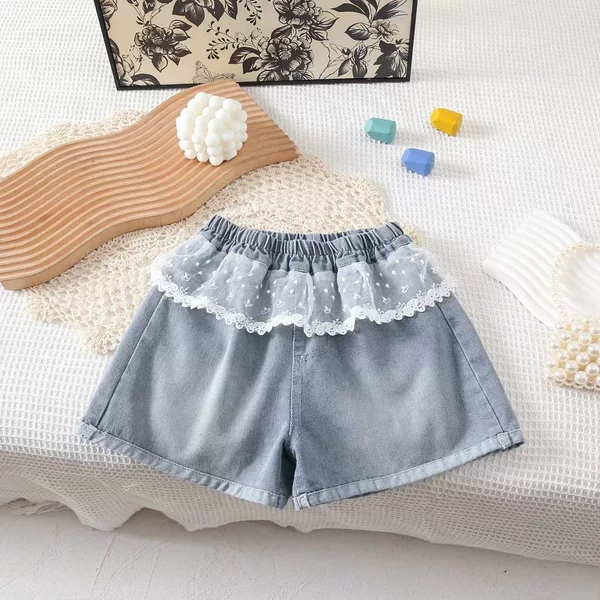 New Style Girls' Korean Version 2026 Summer Stylish Lace-Trimmed Baby Fashion Denim Thin Shorts Pants