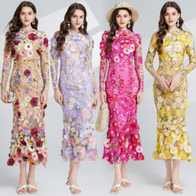 2024跨境法式轻奢重工刺绣立体花朵收腰长袖连衣裙 修身鱼尾裙