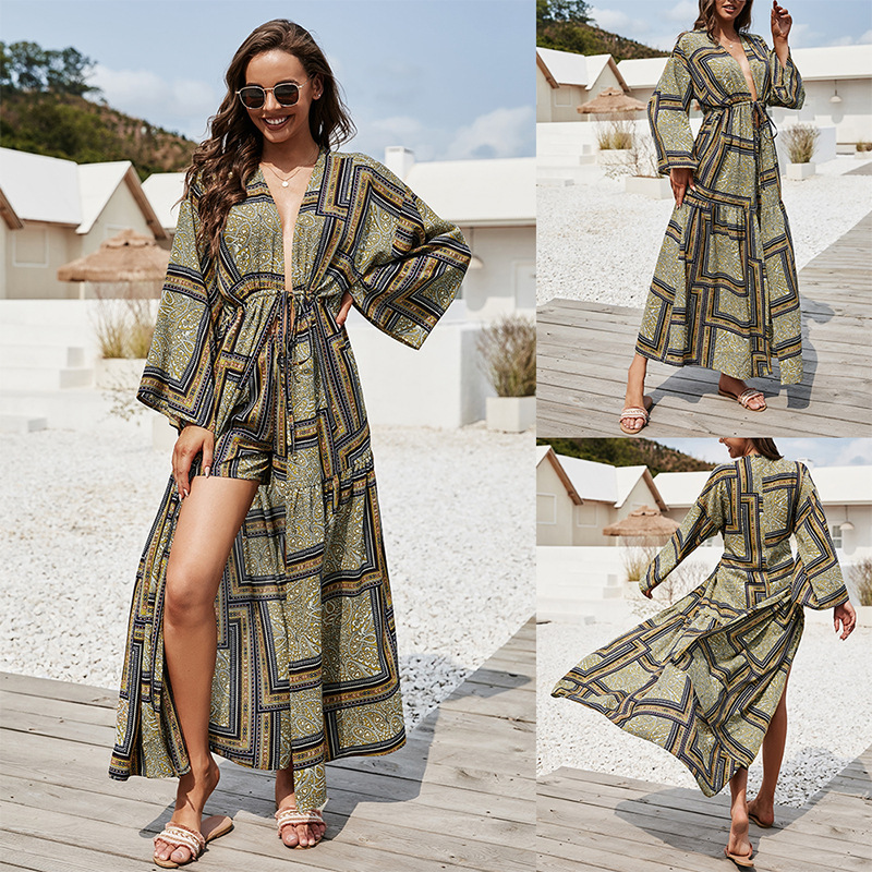 Summer New European and American Sexy Thin Swimwear Outer Blouse Long Ankle Long Sleeve Sun Protection Cardigan Beach Skirt Summer New European and American Sexy Thin Swimwear Outer Blouse Long Ankle Long Sleeve Sun Protection Cardigan Beach Skirt