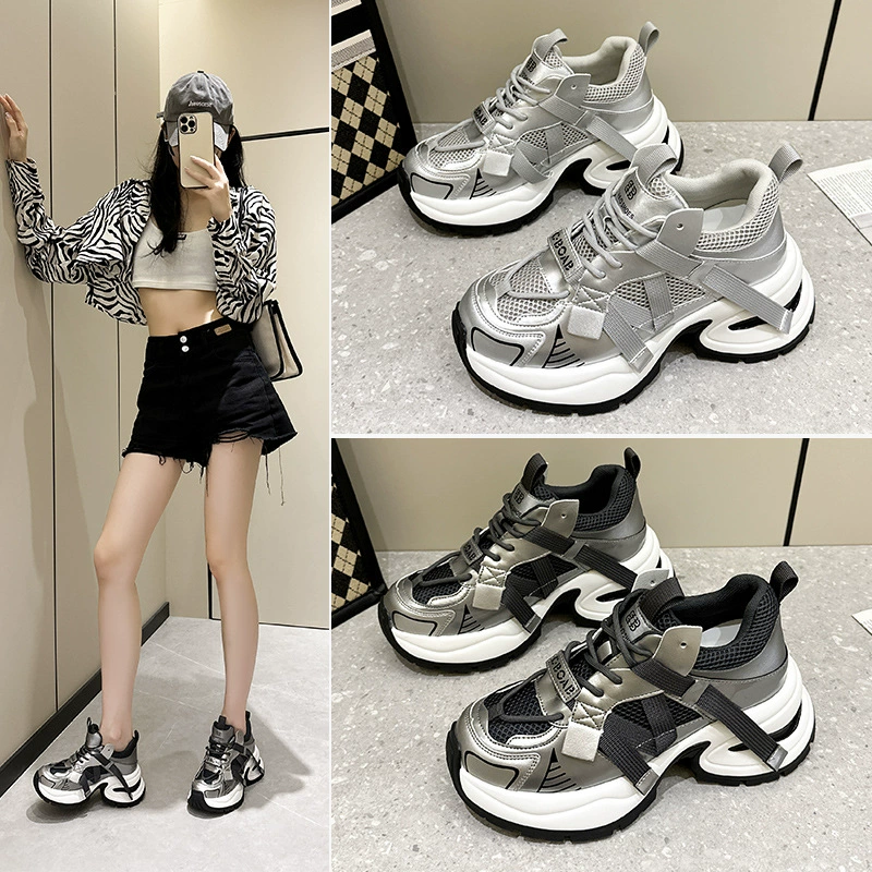 Маленький Размер 2024 на платформе, серебристые модные громоздкие туфли, женская новая Универсальная повседневная обувь, легкие кроссовки, увеличающие рост, модная обувь