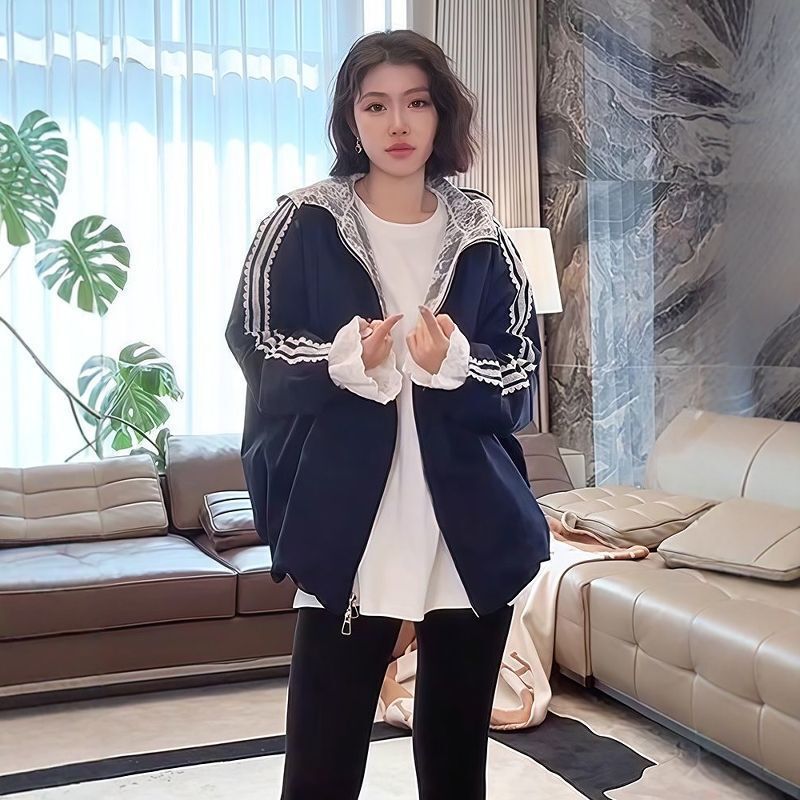 Fashion Plus-Size Versatile Korean-Style Lace Design Patchwork Color-Blocking Baseball Jacket for Women Casual Niche Design Jacket