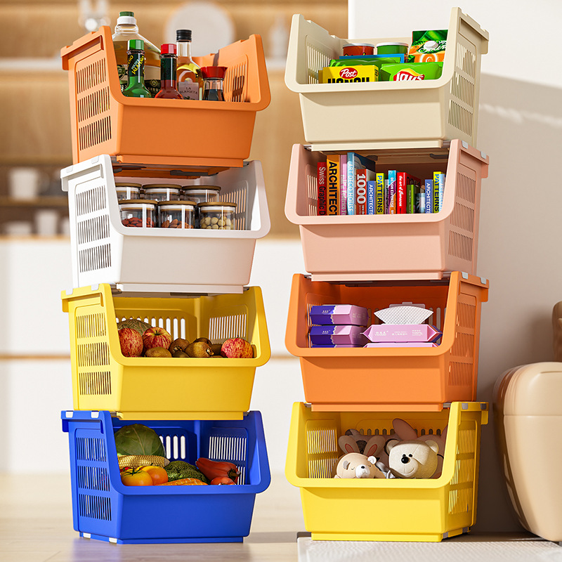 Extra Thick Stackable Kitchen Cabinet Storage Basket Fruit and Vegetable Basket Floor-Standing Countertop Storage Basket Home Bathroom Storage Rack